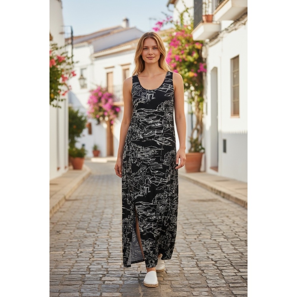 Chico's Briah Maxi Dress Black White Coastal Musings novelty beach‎ boho sz L
